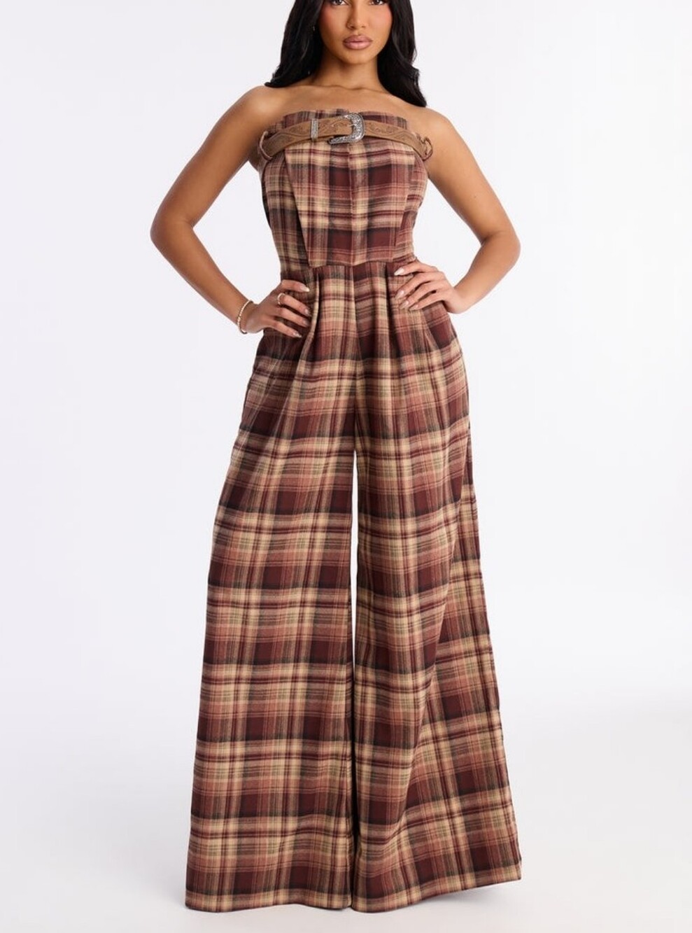 Strapless Plaid Wide-Leg Jumpsuit in Brown